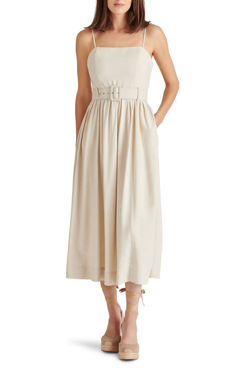 Steve Madden Napoli Belted Linen Blend Midi Dress, Main, color, Natural