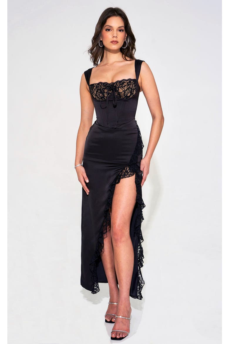 Freddie Corset Lace Satin Maxi Dress, Main, color, Black