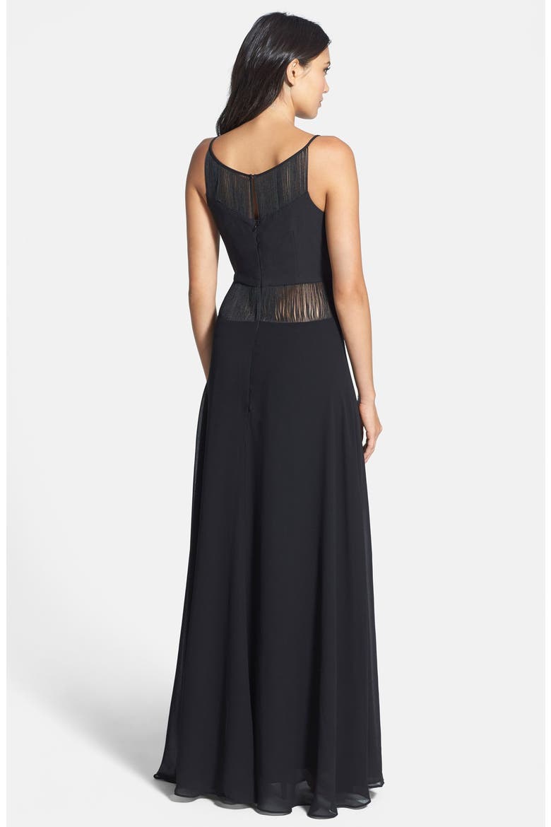 'Kalla' Inset Fringe Crepe Maxi Dress, Alternate, color, BLACK