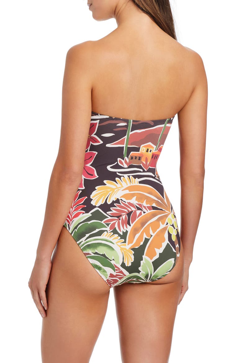 Tropical Print Shirred Bandeau One-Piece Swimsuit, Alternate, color, DARK GRENACHE