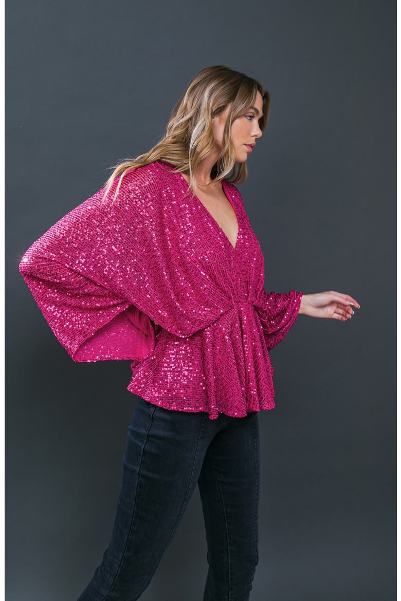 Sequin Embellished Batwing Sleeve Peplum Top, Alternate, color, FUCHSIA