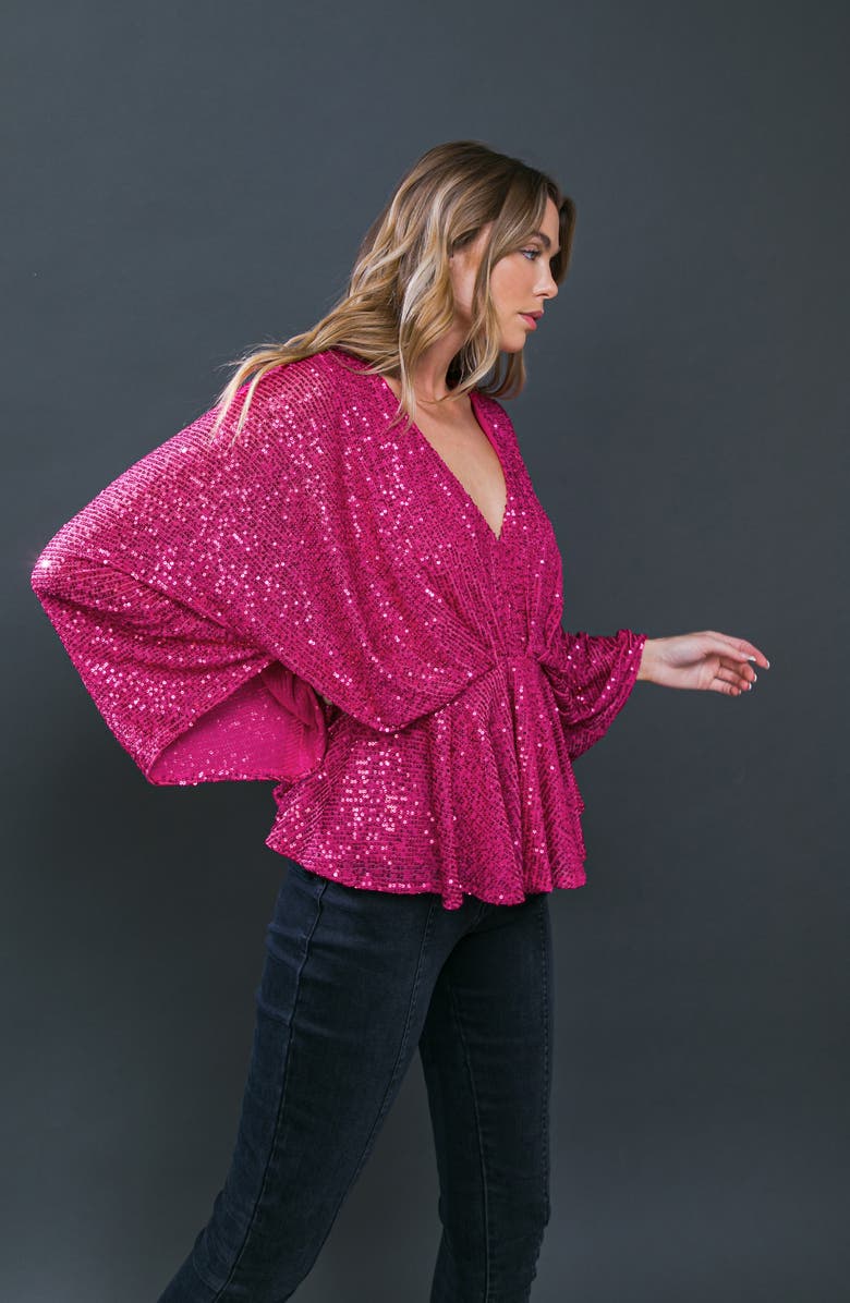 FLYING TOMATO Sequin Embellished Batwing Sleeve Peplum Top, Alternate, color, Fuchsia