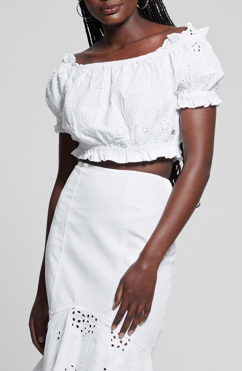 GUESS Frida Eyelet Embroidered Off the Shoulder Crop Top, Main, color, 
