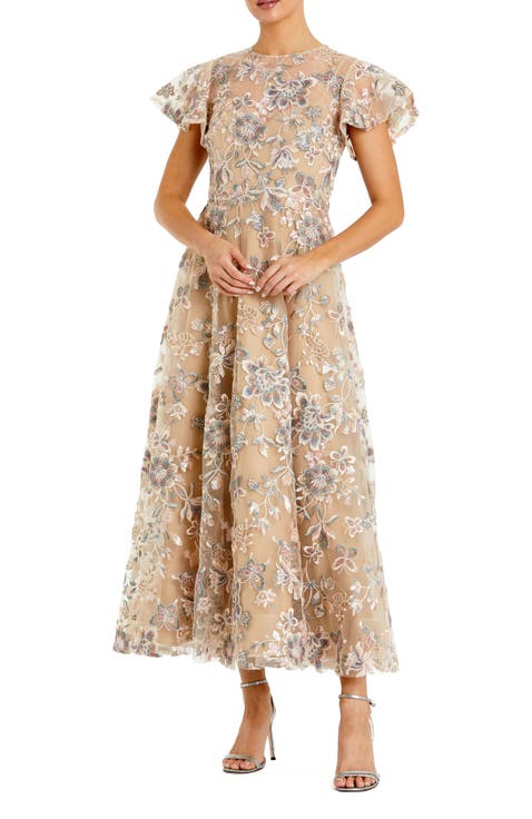 Women's Embroidered Floral Mesh A-Line Midi Dress