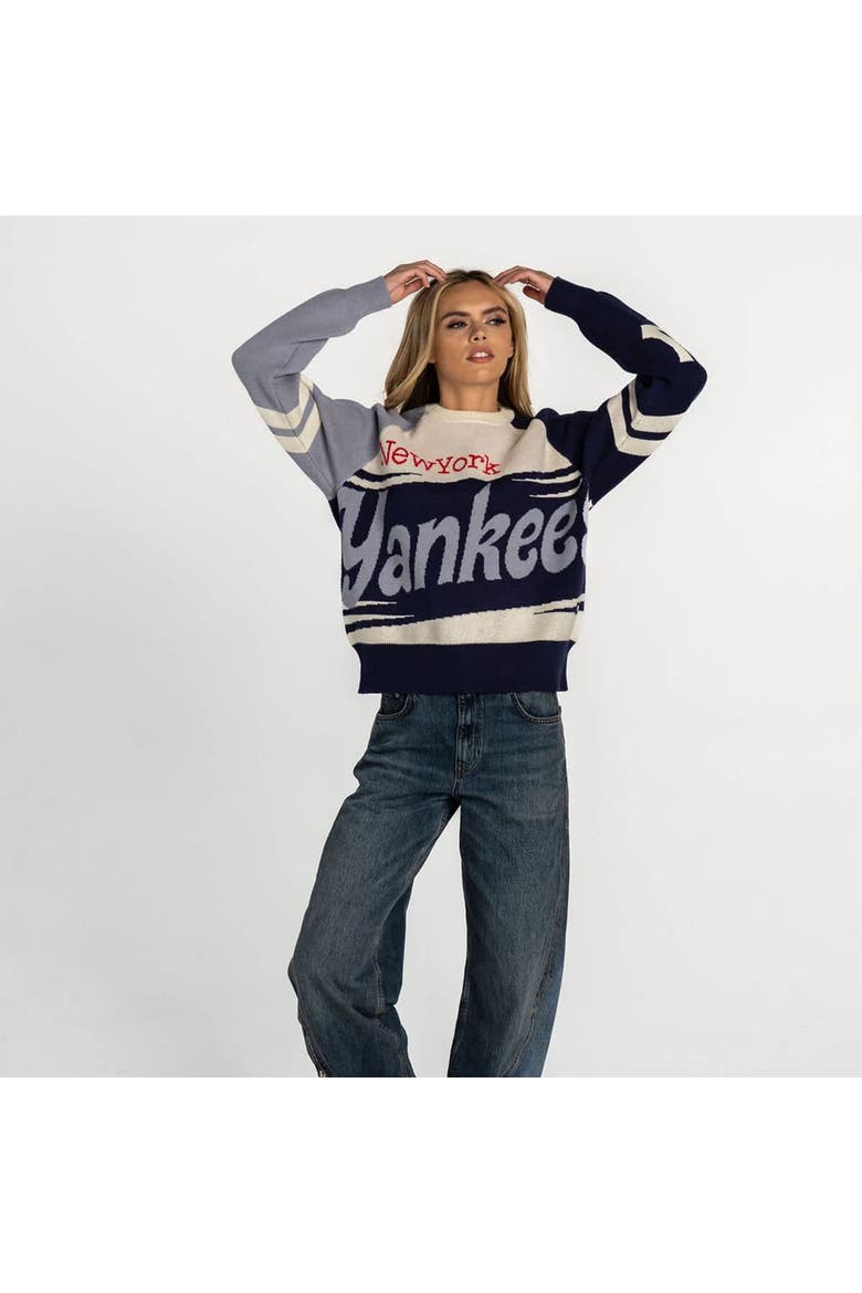 Women's The Wild Collective  Navy/Cream New York Yankees Boxy Jacquard Sweater, Alternate, color, Navy
