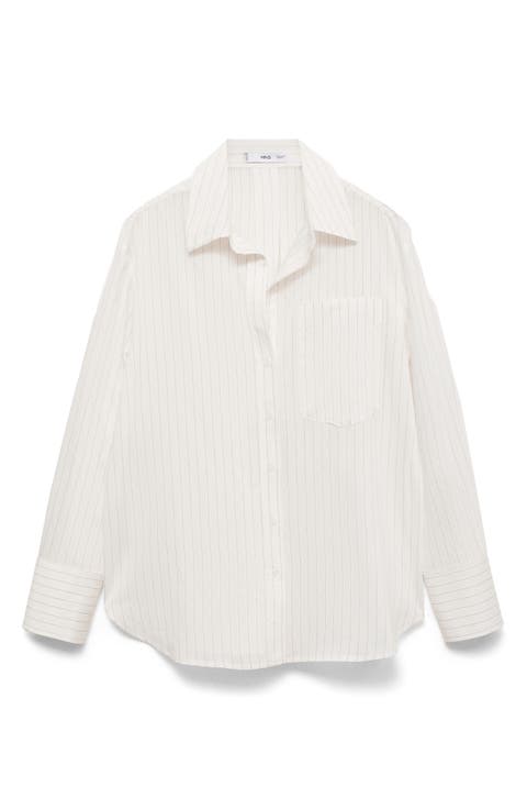 Stripe Sheer Long-Sleeve Button-Up Shirt (Regular & Plus)