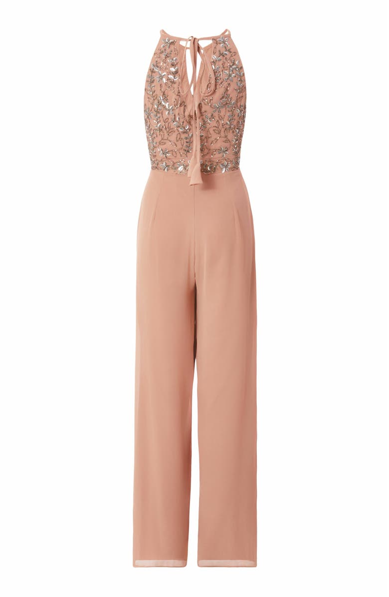 QUIZ Beaded V Neck Chiffon Jumpsuit, Alternate, color, Soft Pink