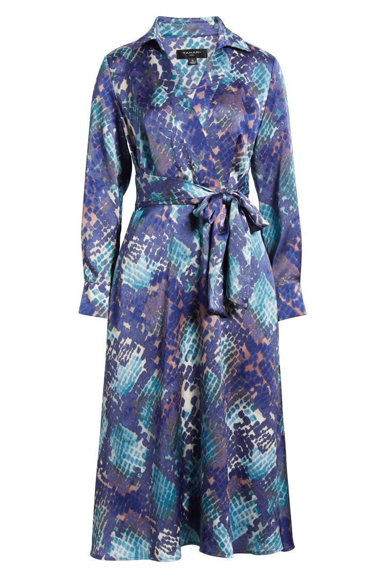 Long Sleeve Hammered Satin Wrap Front Shirtdress, Alternate, color, INDIGO SNAKE