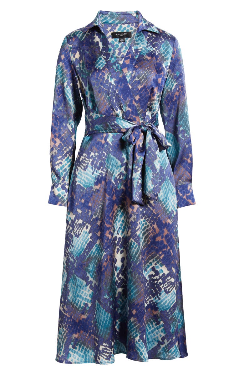 Tahari Long Sleeve Hammered Satin Wrap Front Shirtdress, Alternate, color, 