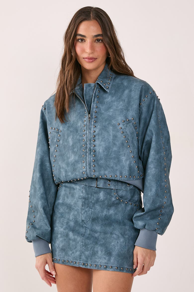 Leather Studded Bomber Jacket, Main, color, Blue