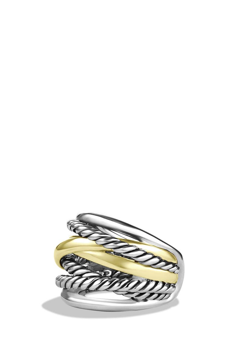 Crossover Wide Ring with Gold, Main, color, STERLING SILVER/ 14K GOLD