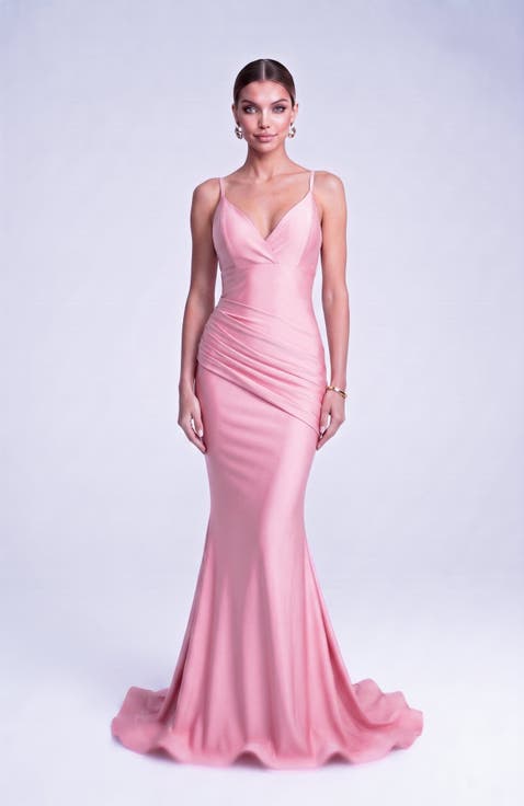 Ruched Plunge Neck Strappy Back Mermaid Evening Gown