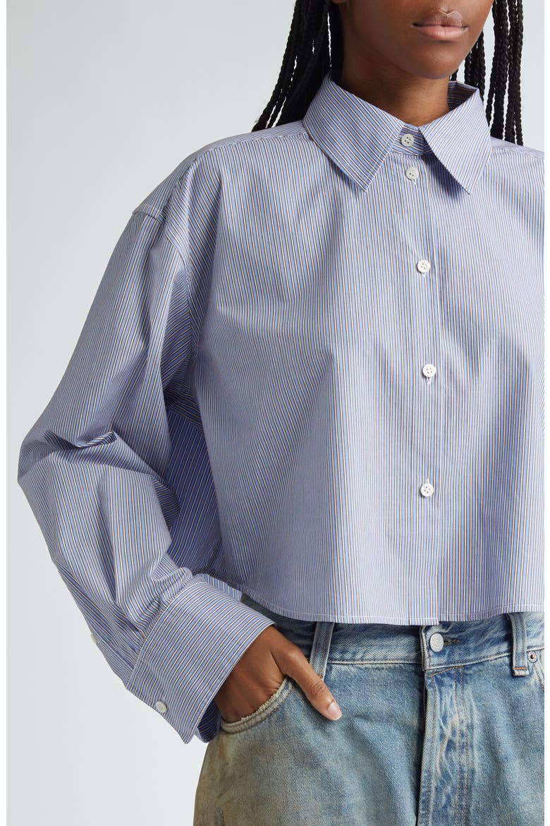 Satai Stripe Crop Cotton Button-Up Shirt, Alternate, color, SKY BLUE/ COFFEE BROWN