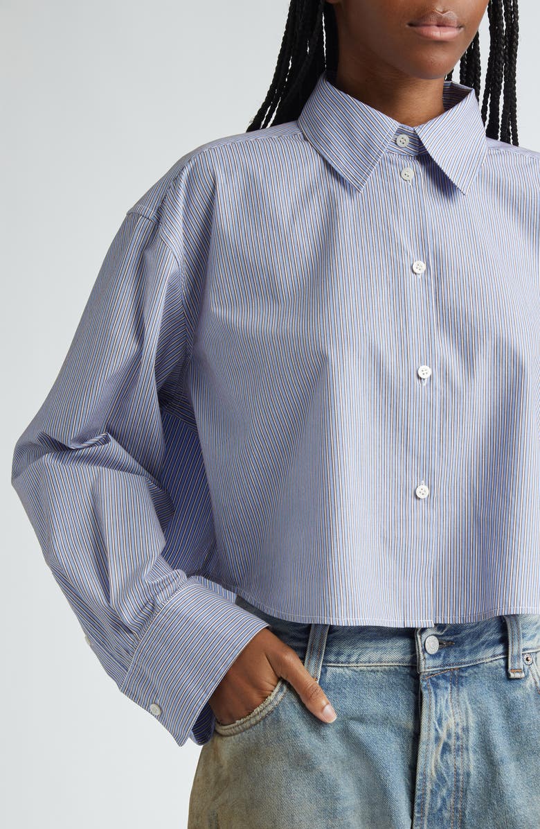 Acne Studios Satai Stripe Crop Cotton Button-Up Shirt, Alternate, color, Sky Blue/ Coffee Brown