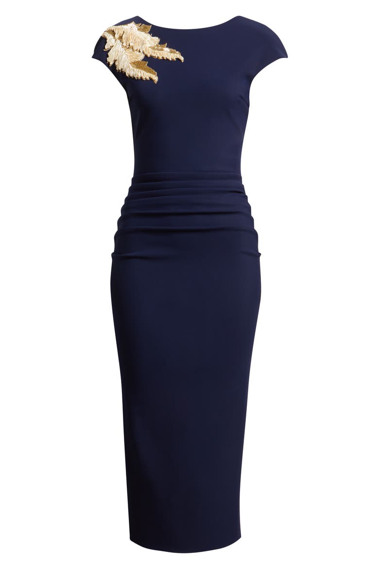 Metallic Feather Detail Cocktail Sheath Dress, Alternate, color, BLUE NOTTE