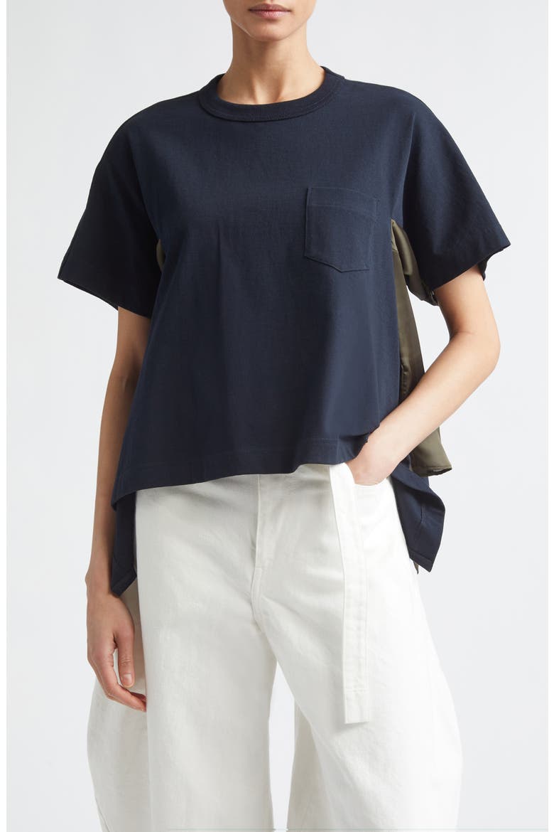 Mixed Media Cotton Jersey & Satin Pocket T-Shirt, Main, color, NAVY/ KHAKI