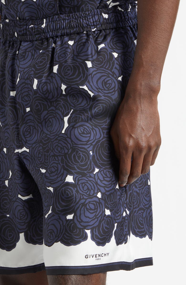 Givenchy Floral Elastic Waist Silk Shorts, Alternate, color, Dark Navy