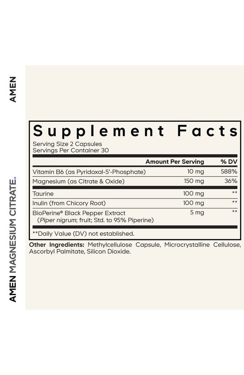 Amen Magnesium Citrate, Vitamin B6, Taurine, Inulin Chicory Root, Supplement, Alternate, color, White