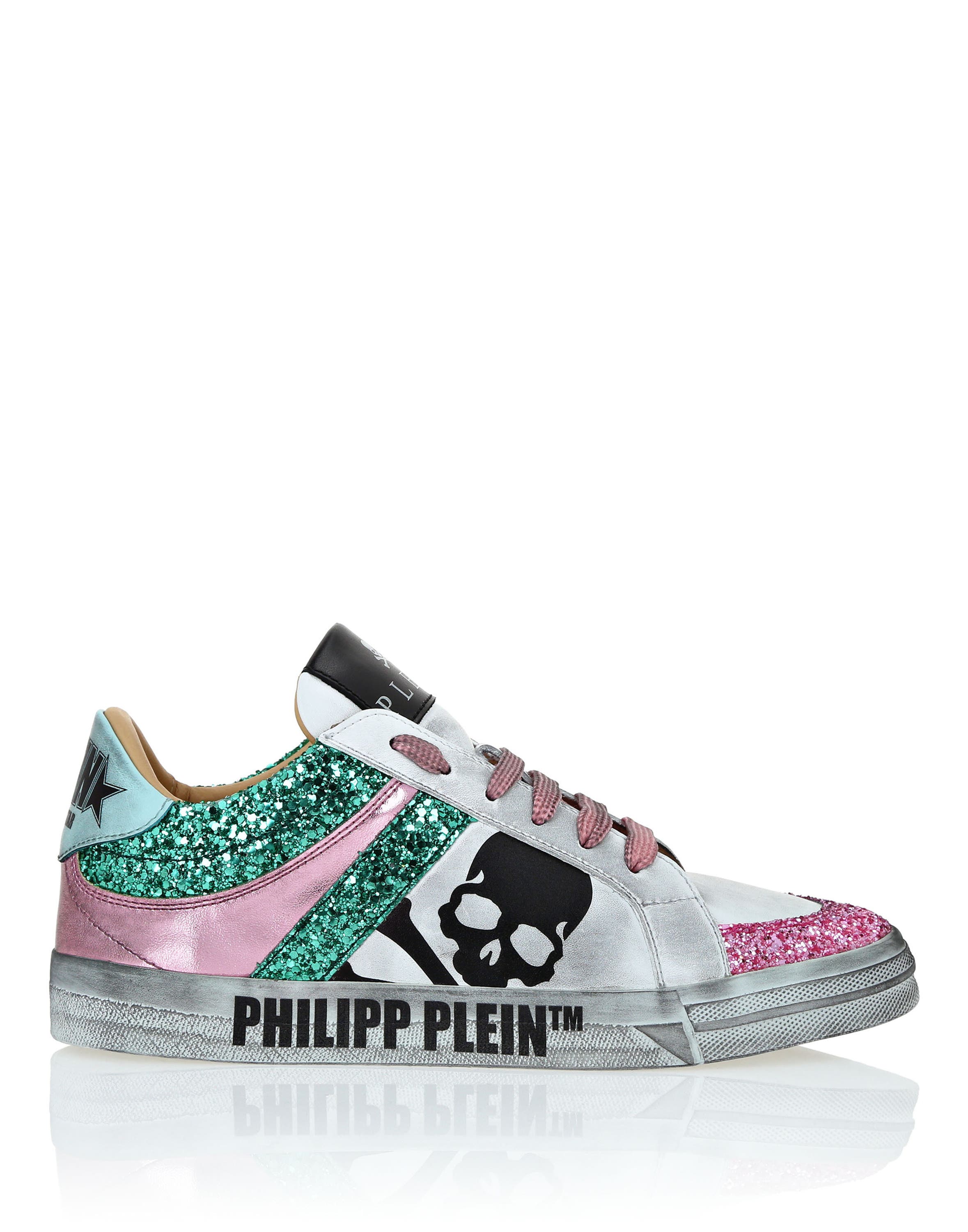 Leather Lo-Top Sneakers Skull With Crystals Women, Alternate, color, turquoise