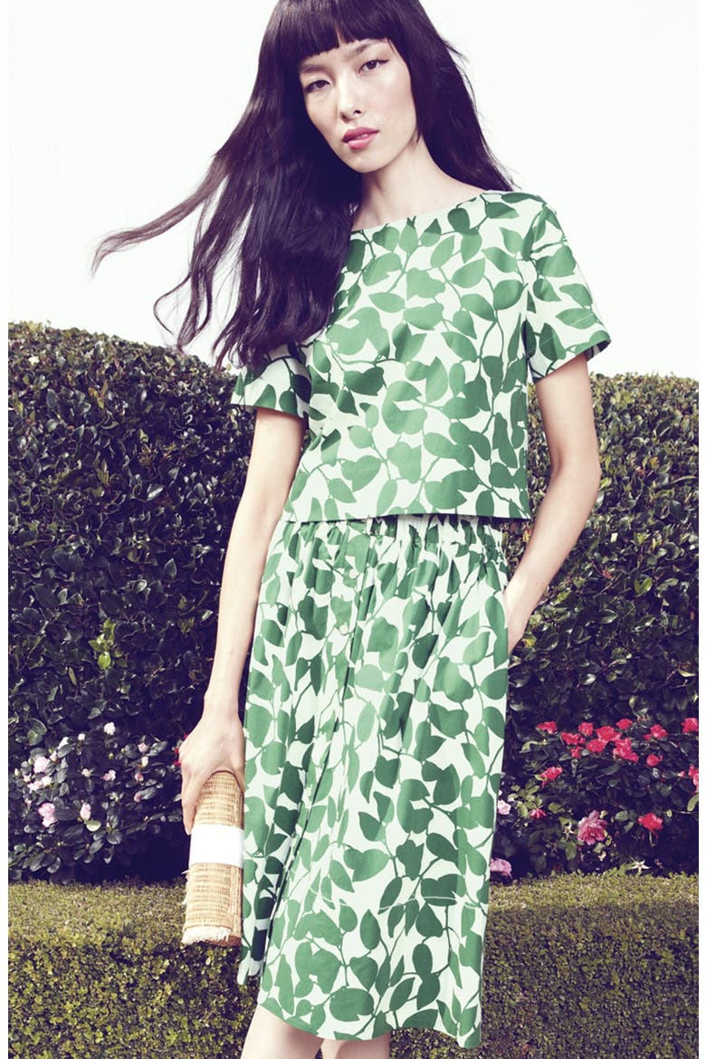 'garden leaves' print flare skirt, Alternate, color, LUCKY GREEN