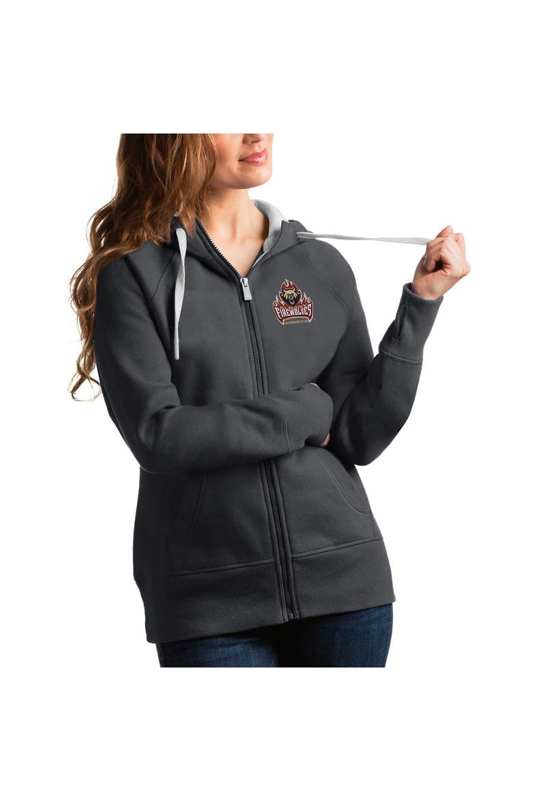 Women's Antigua Charcoal Albany FireWolves Victory Pullover Hoodie, Main, color, Charcoal