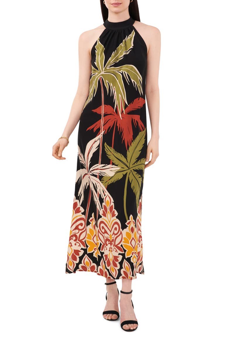 Tropical Print Halter Dress, Main, color, RICH BLACK
