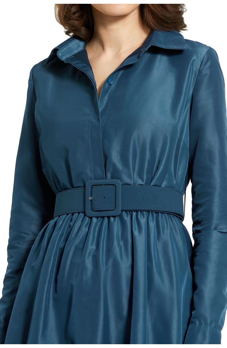 Mac Duggal Faille Long Sleeve Collared Belted Midi Dress, Alternate, color, Deep Blue
