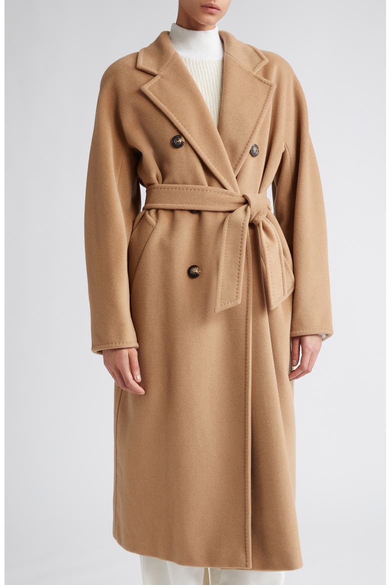 Madame Double Breasted Wool & Cashmere Belted Coat, Alternate, color, CAMEL