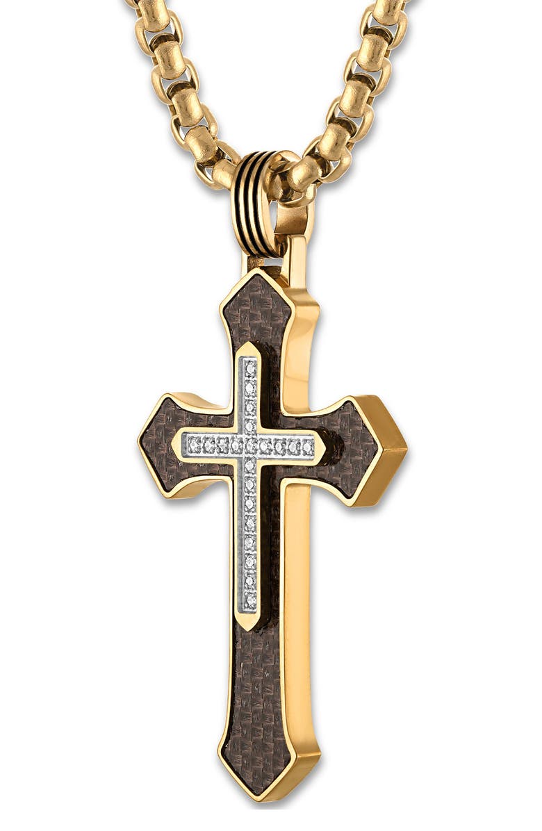 Esquire Men's Stainless Steel Carbon Fiber & Diamond Cross Pendant Necklace, Alternate, color,