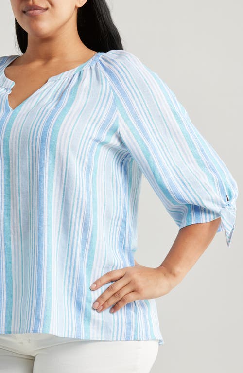 Jones New York Stripe Three Quarter Sleeve Linen Blend V-neck Top In Nyc White/turquoise