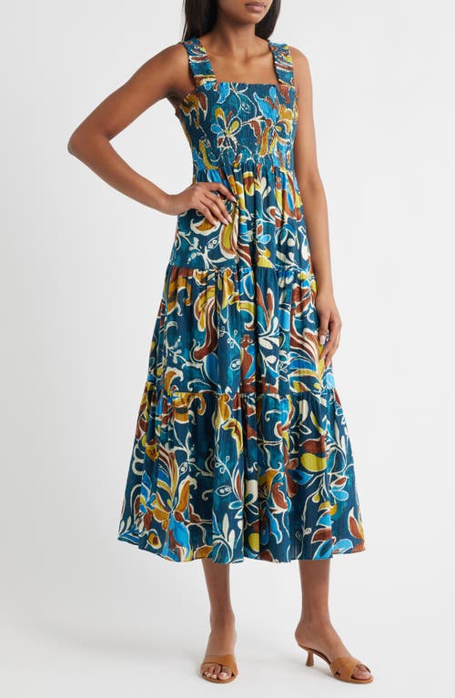 Anne Klein Smocked Bodice Sleeveless Tiered Maxi Dress In Blue