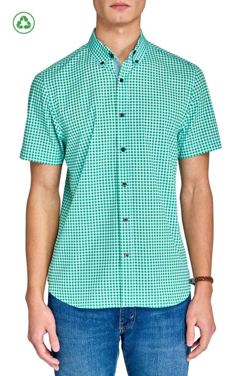 CONSTRUCT Slim Fit Mini Check Recycled 4-Way Stretch Performance Short Sleeve Shirt, Main, color, Green/White