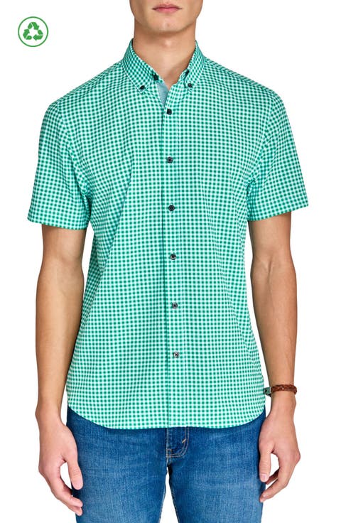 Slim Fit Mini Check Recycled 4-Way Stretch Performance Short Sleeve Shirt