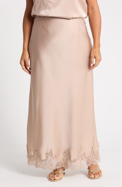 Lace Hem Satin Maxi Skirt