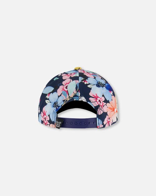 Deux Par Deux Girl's Printed Cap Navy And Yellow And Pink Flowers In Navy Yellow And Pink Flowers