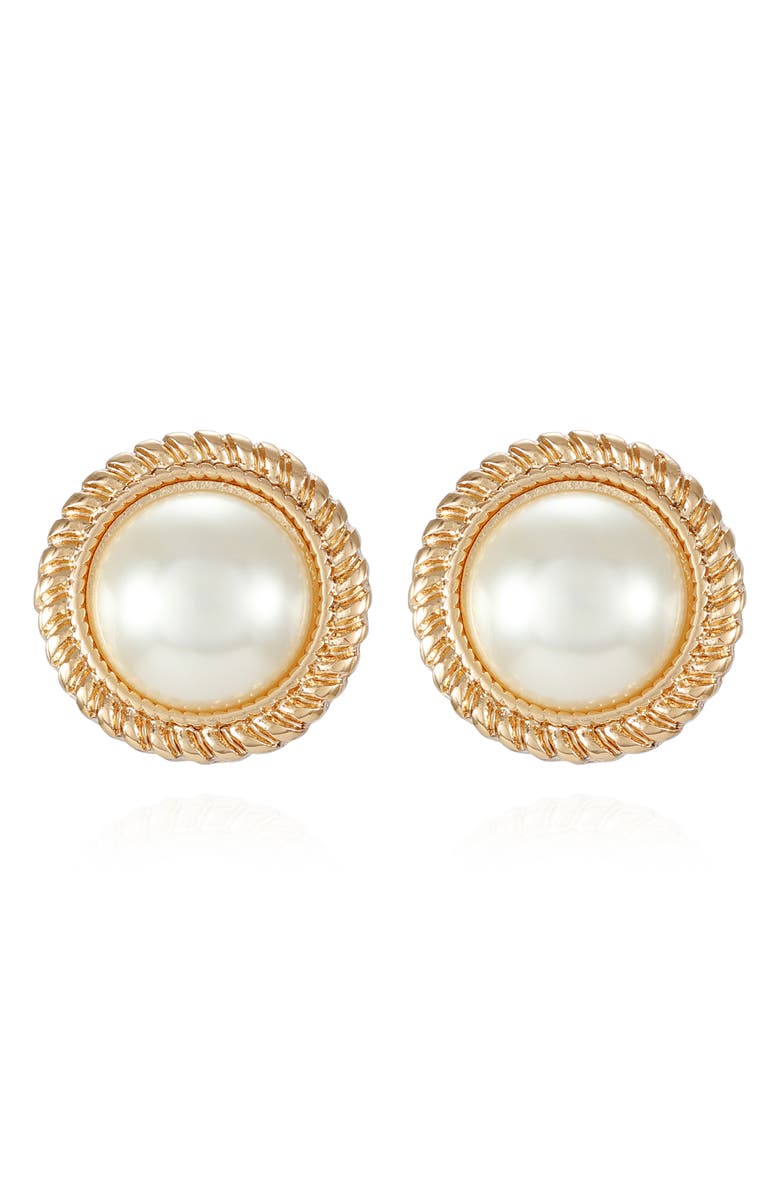 T Tahari Braided Faux Pearl Clip-On Button Earrings, Main, color, Gold Tone