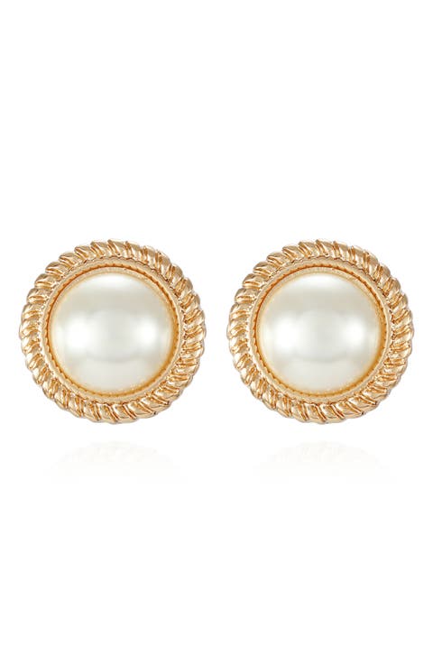 Braided Faux Pearl Clip-On Button Earrings