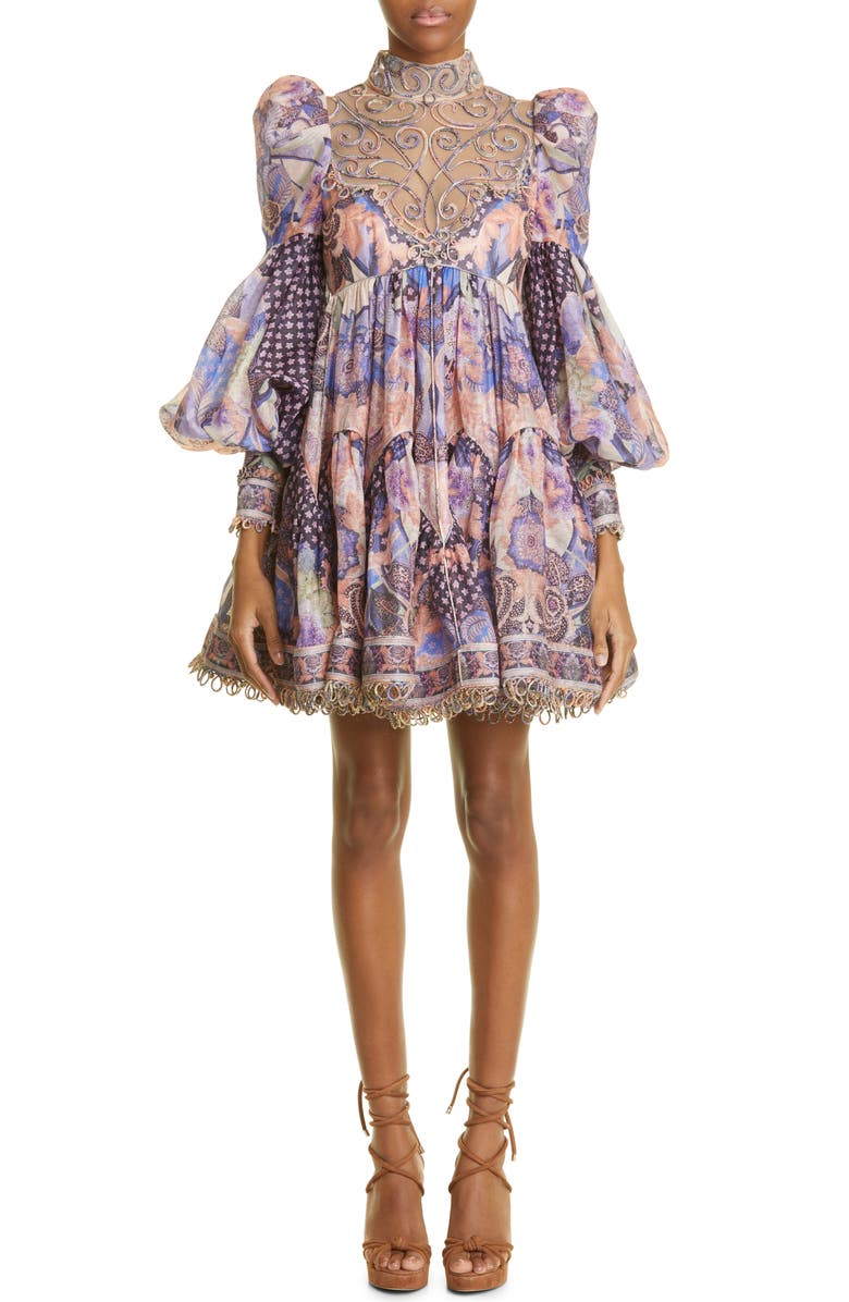 Zimmermann Embroidered Floral Print Linen & Silk Minidress, Main, color, 