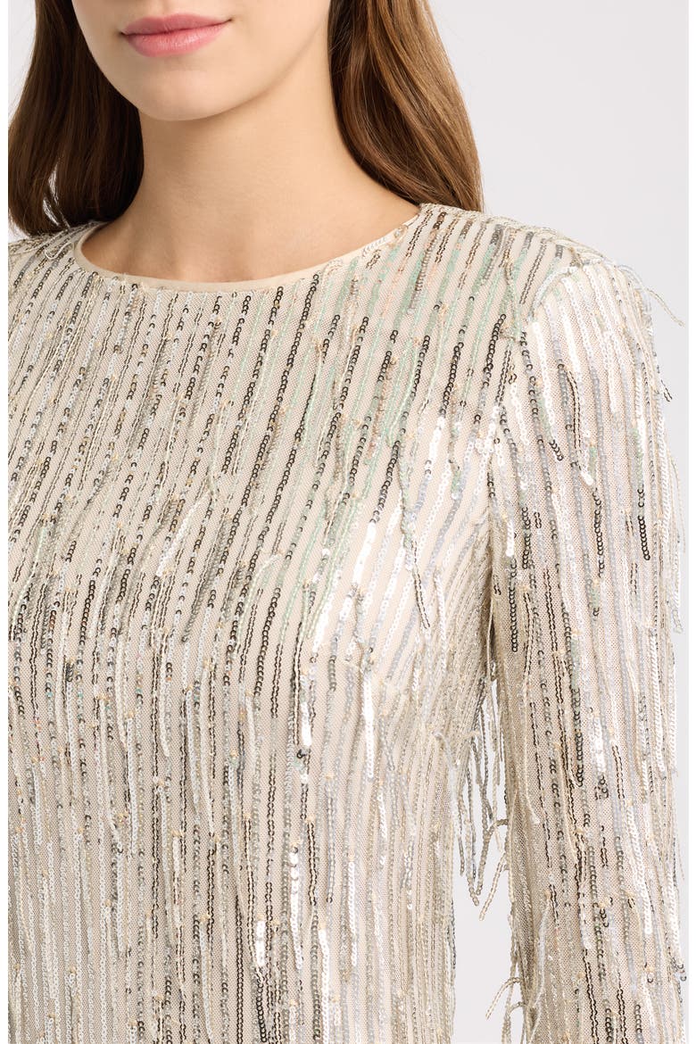 Sequin Fringe Long Sleeve Cocktail Dress, Alternate, color, SILVER