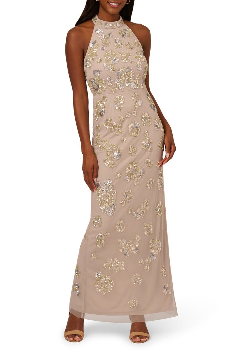 Adrianna Papell Sequin Floral High Neck Column Gown, Main, color,