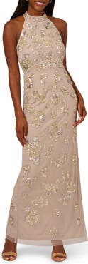 Adrianna Papell Sequin Floral High Neck Column Gown