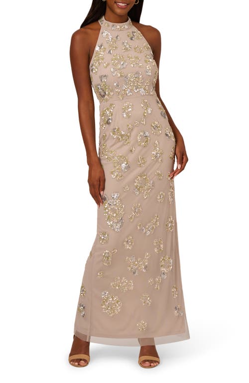 ADRIANNA PAPELL ADRIANNA PAPELL SEQUIN FLORAL HIGH NECK COLUMN GOWN