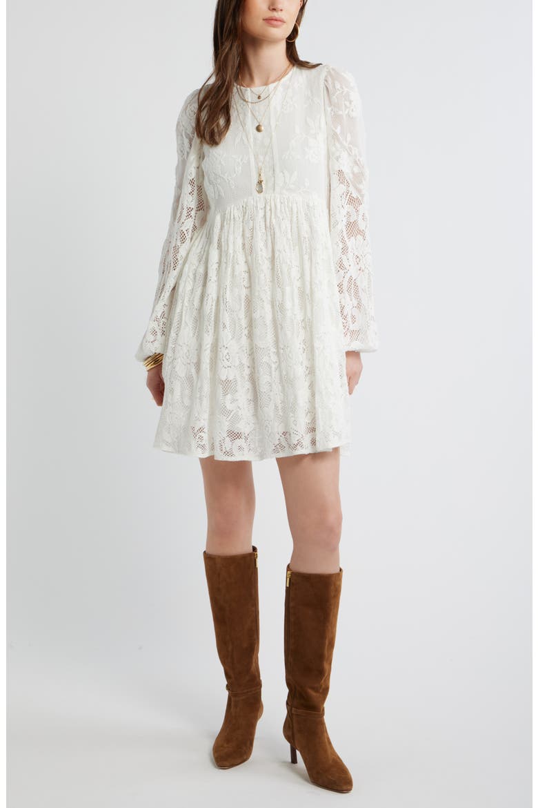 Long Sleeve Lace Babydoll Dress, Main, color, IVORY EGRET