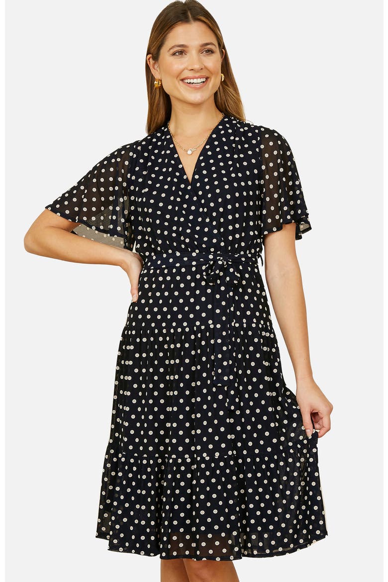 Dot Print Mesh Stretch Midi Skater Dress, Alternate, color, Navy