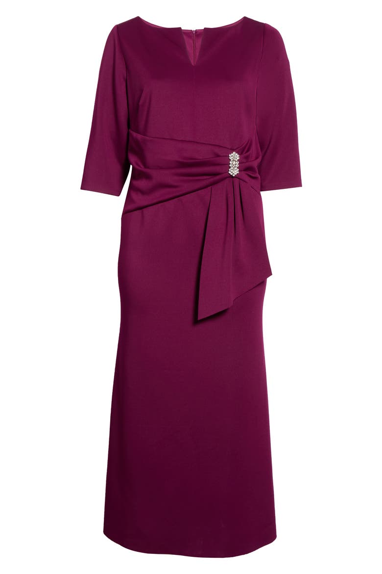 Rhinestone Brooch Drape Waist Gown, Main, color, BURGUNDY