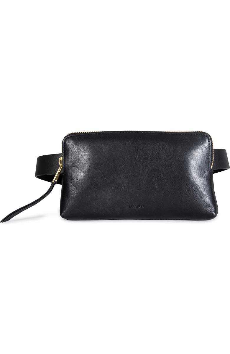 AllSaints Zip Leather Belt Bag, Main, color,