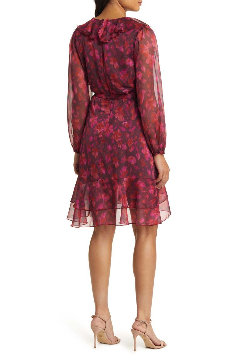 Sam Edelman Floral Ruffle Long Sleeve Chiffon Dress, Alternate, color, Ruby Multi