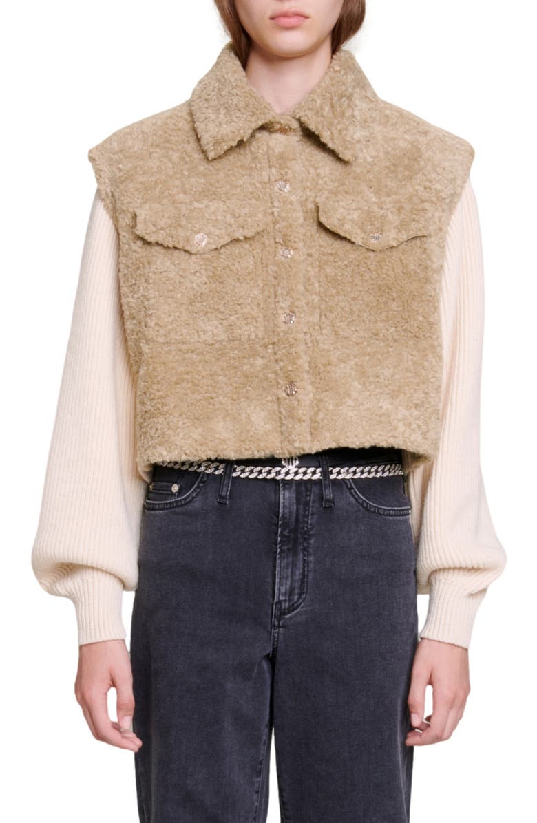 maje Belia Mixed Media Faux Fur Jacket, Main, color, 