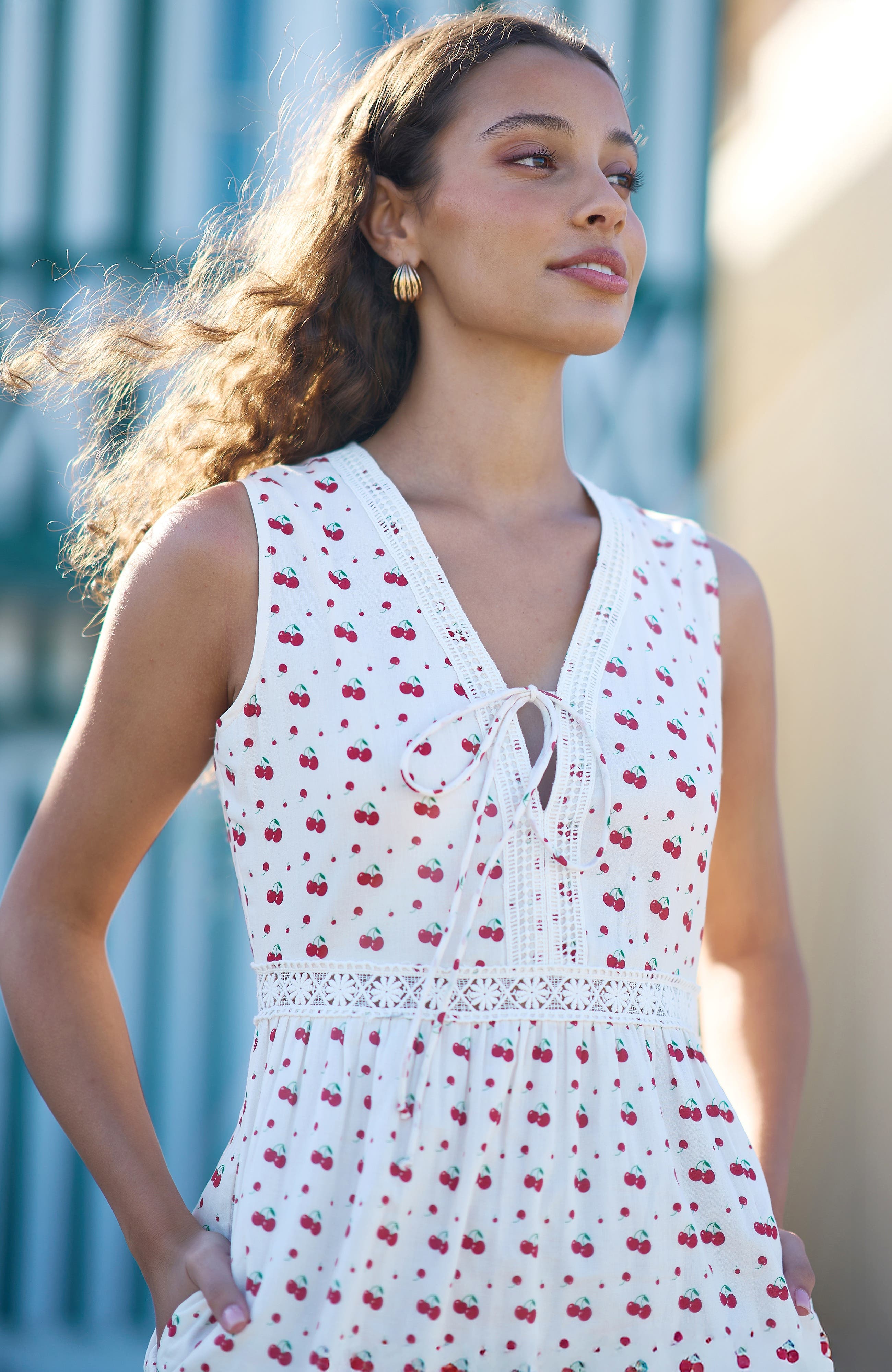 Yumi Cherry Print Lace Trim Cotton Midi Dress (Women) | Nordstrom