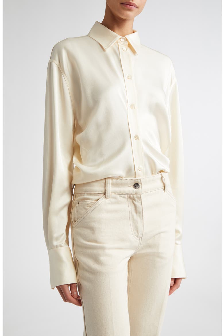 Slouch Waist Satin Button-Up Shirt, Main, color, MACADAMIA